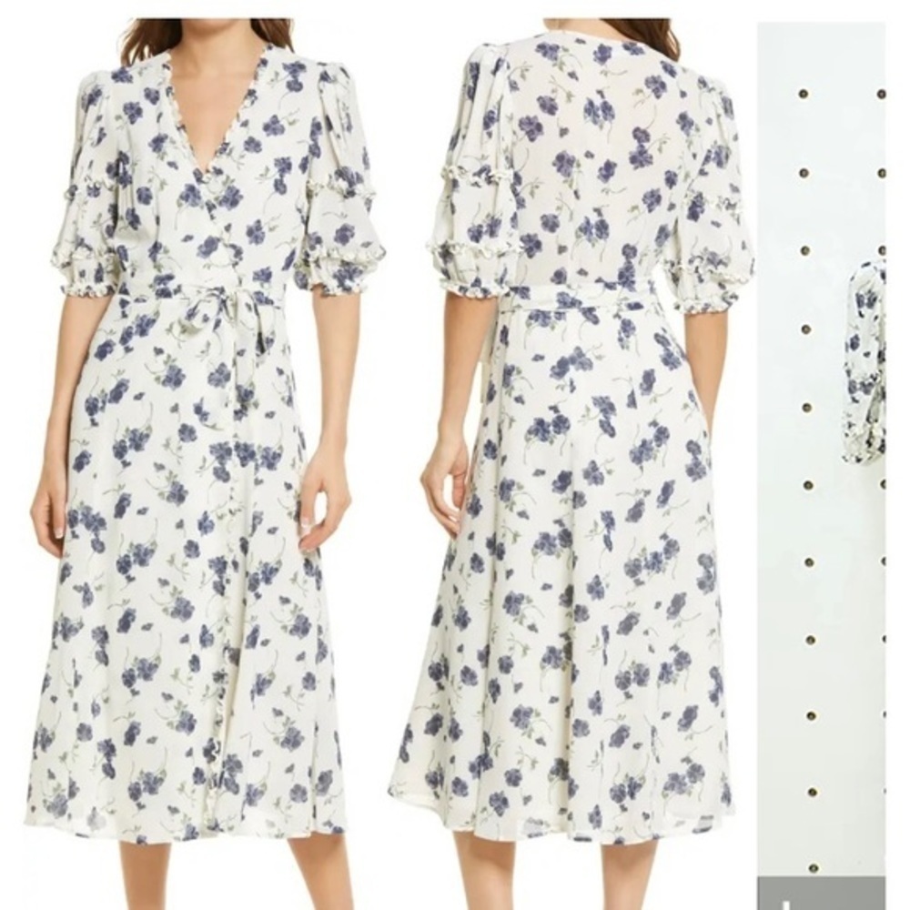 REFORMATION Tanna Floral Wrap Dress with frilly ruffles in Blueberries Size S - Picture 4 of 14